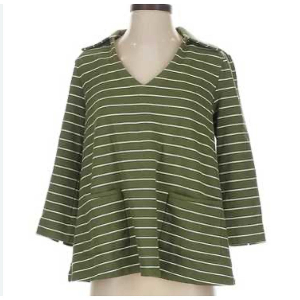 Tuckernuck Olive Green Striped Oversized V Neck Collared Top 3/4 Sleeves $150 Xs
